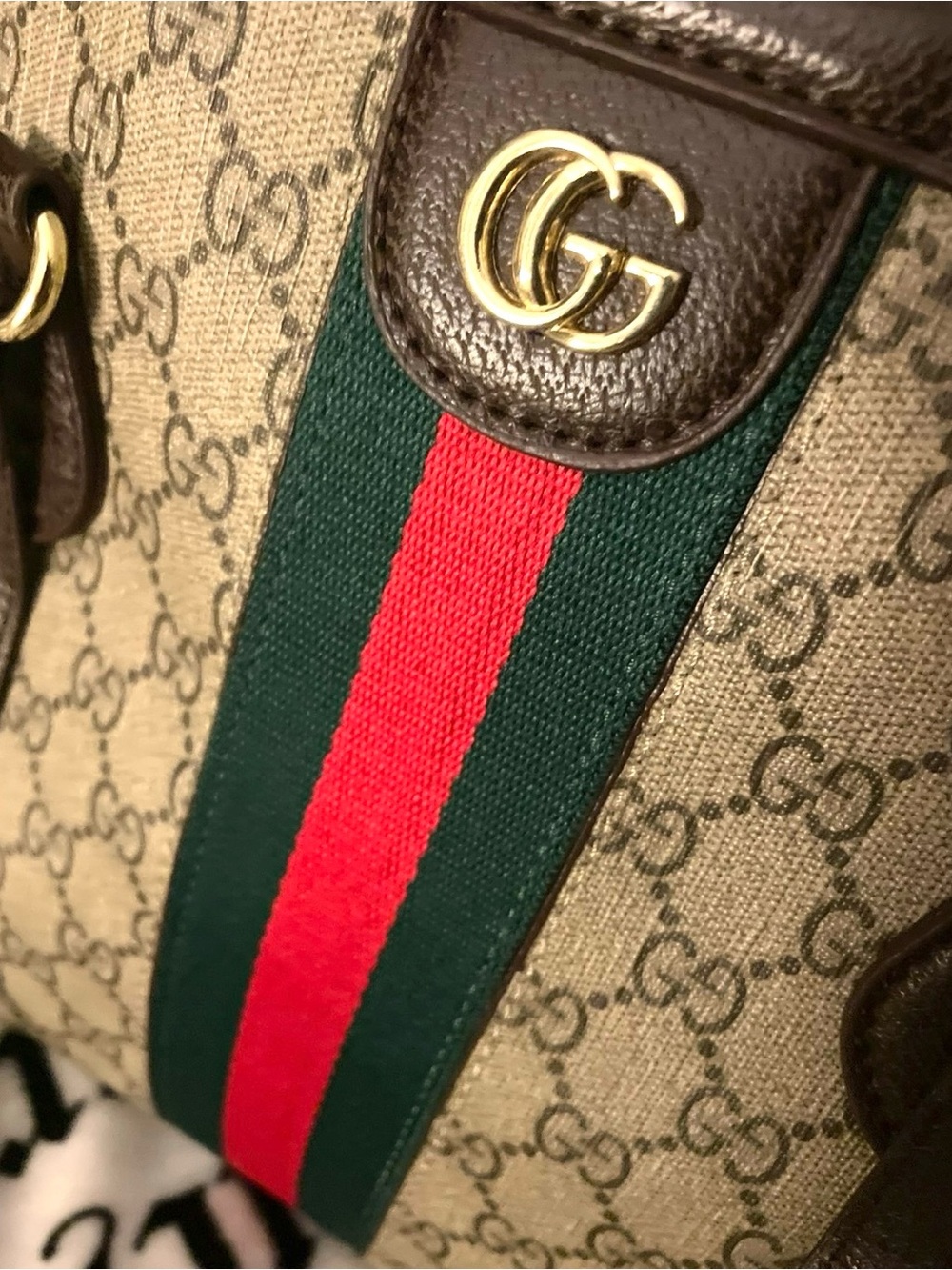 Gucci Brown Beige GG Canvas Tote with Green-Red Stripe - Picture 4 of 9